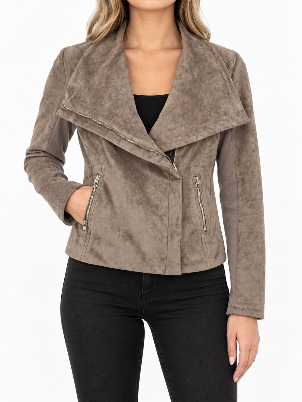 BLANKNYC Women's Taupe Faux Suede Moto Jacket XS Asymmetrical Zip Cropped